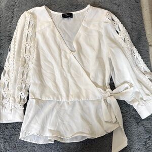 Cream Peplum Wrap Blouse with 3/4 Sleeves